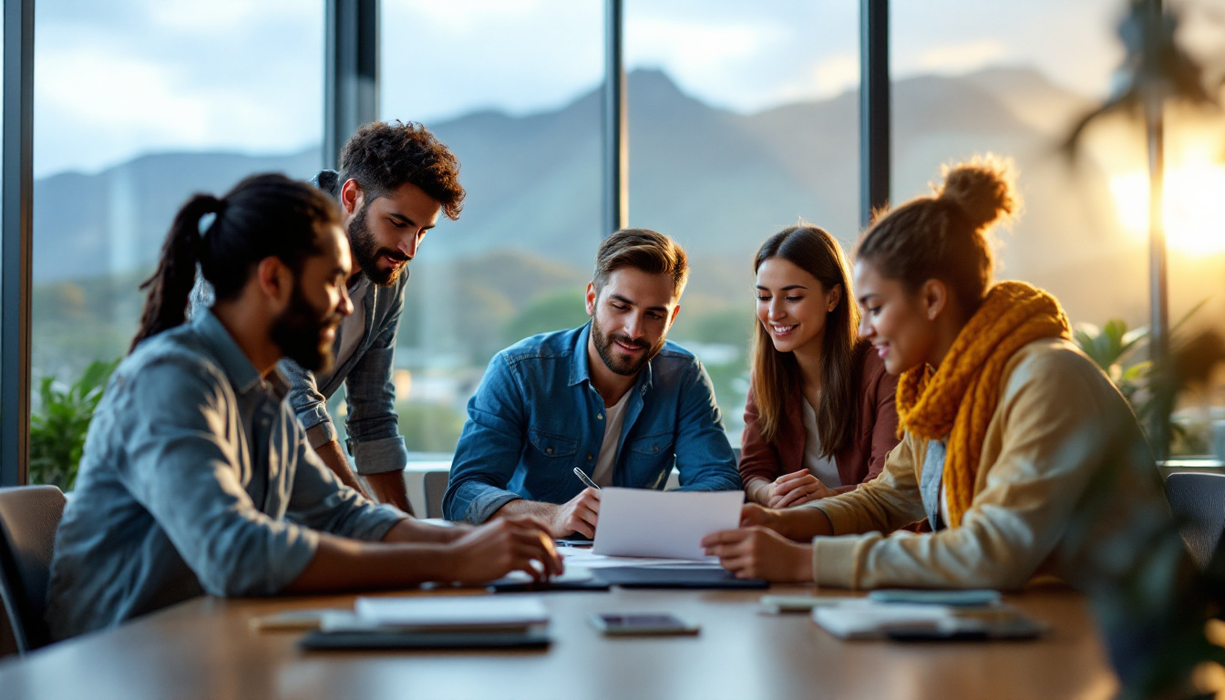 A photograph of a diverse group of electrical engineers collaborating on a project in a modern office setting with a backdrop of hawaii's beautiful landscape visible through the windows