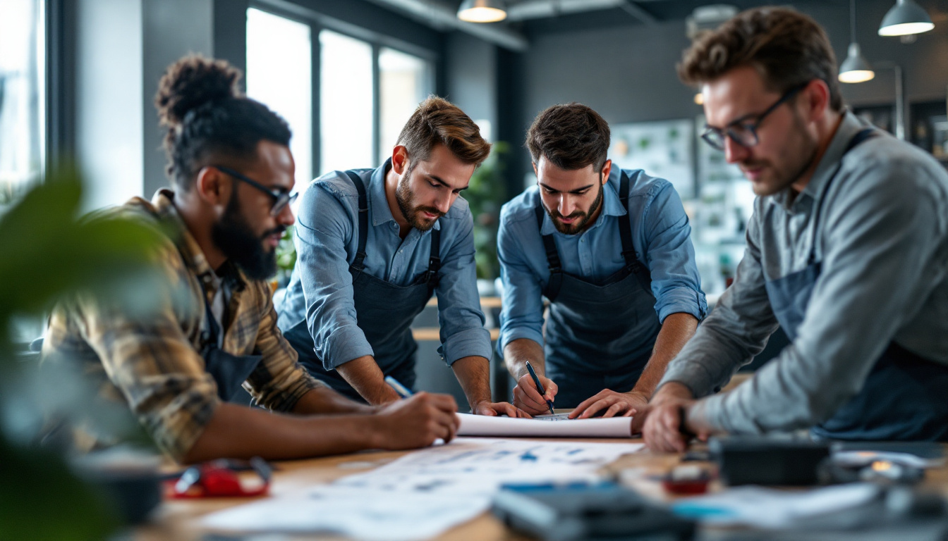 A photograph of a diverse group of electrical engineers collaborating on a project in a modern office setting