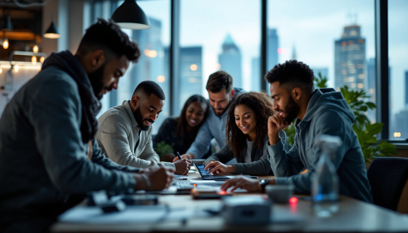 A photograph of a diverse group of electrical engineers collaborating in a modern office setting