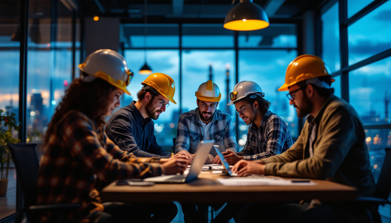 A photograph of a diverse group of electrical engineers collaborating in a modern office setting