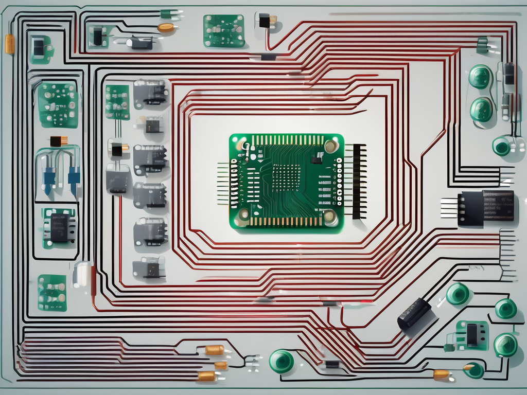 An integrated circuit board with various electrical components like resistors