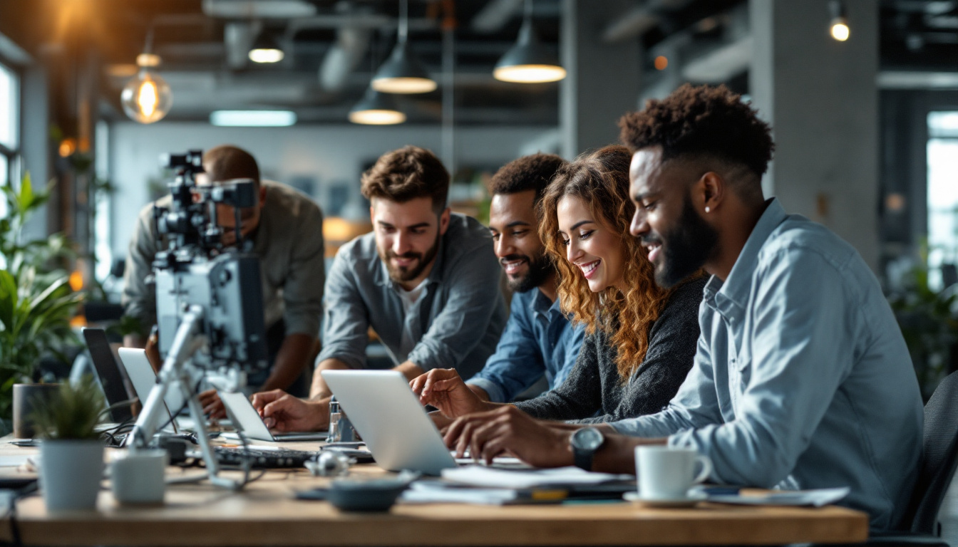 A photograph of a diverse group of electrical engineers collaborating in a modern office environment