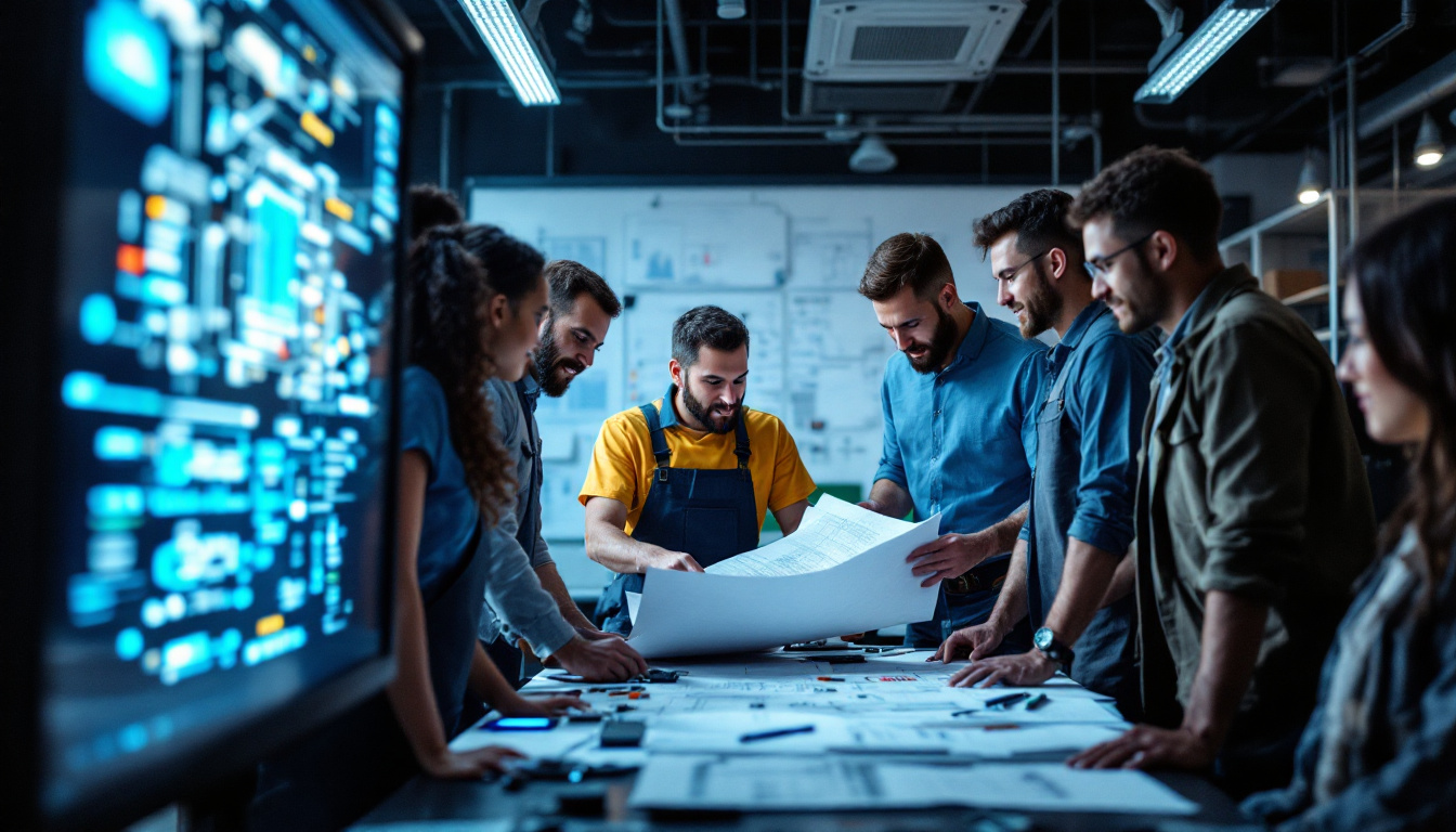 A photograph of a diverse group of electrical engineers collaborating in a modern office environment