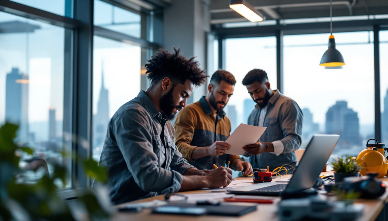 A photograph of a diverse group of electrical engineers collaborating on a project in a modern office setting