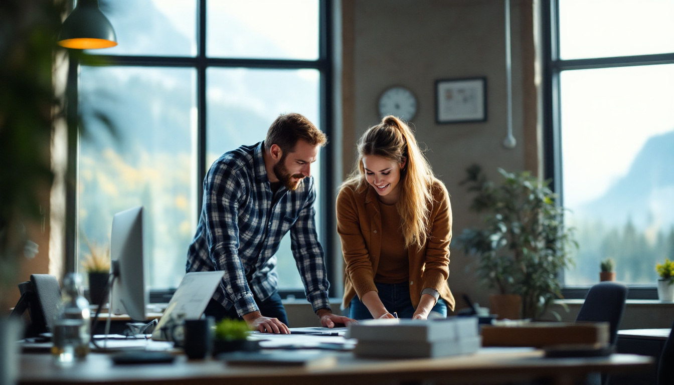 A photograph of a dynamic electrical engineering team collaborating on a project in a modern office setting