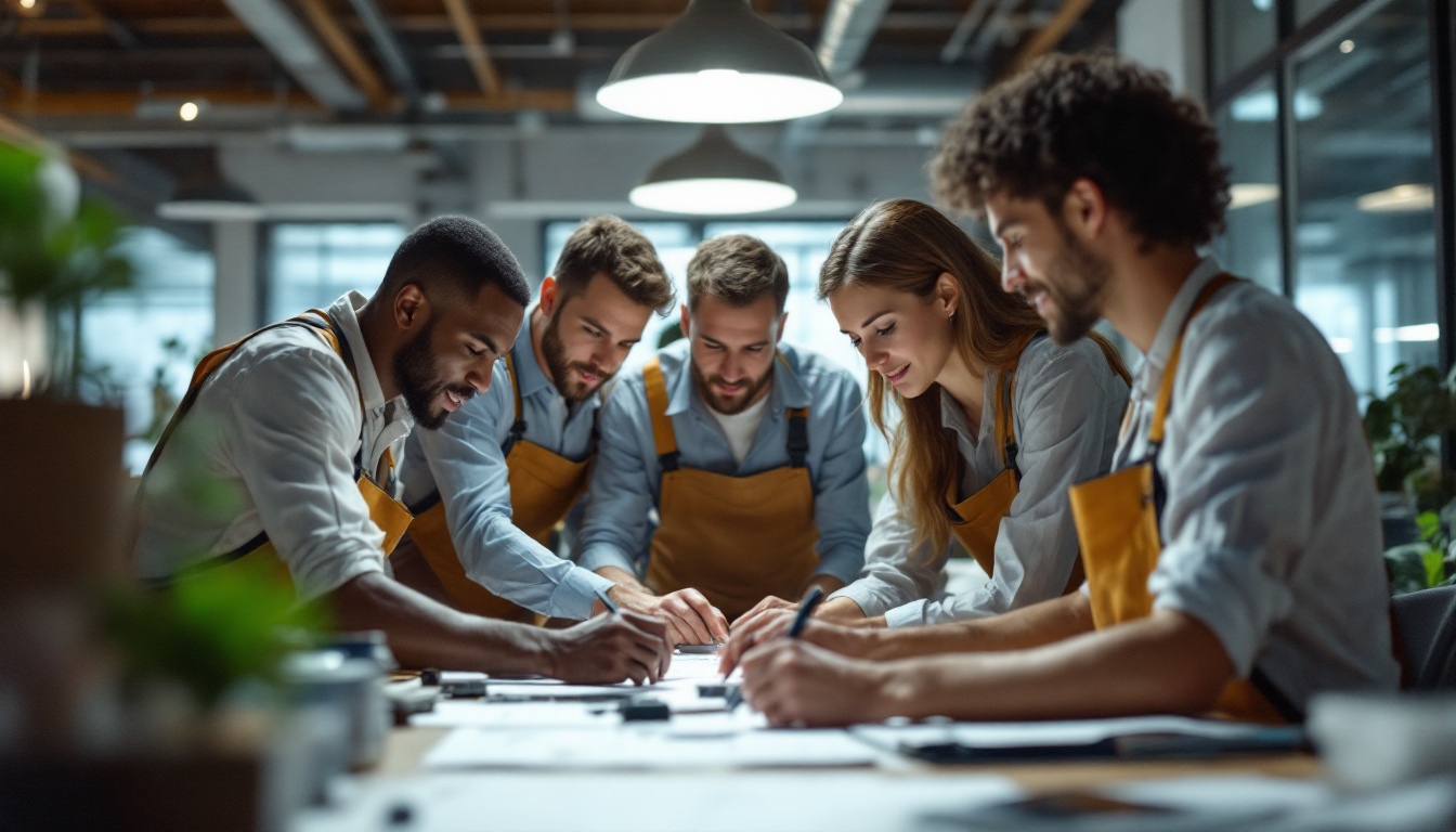A photograph of a diverse group of electrical engineers collaborating in a modern workspace
