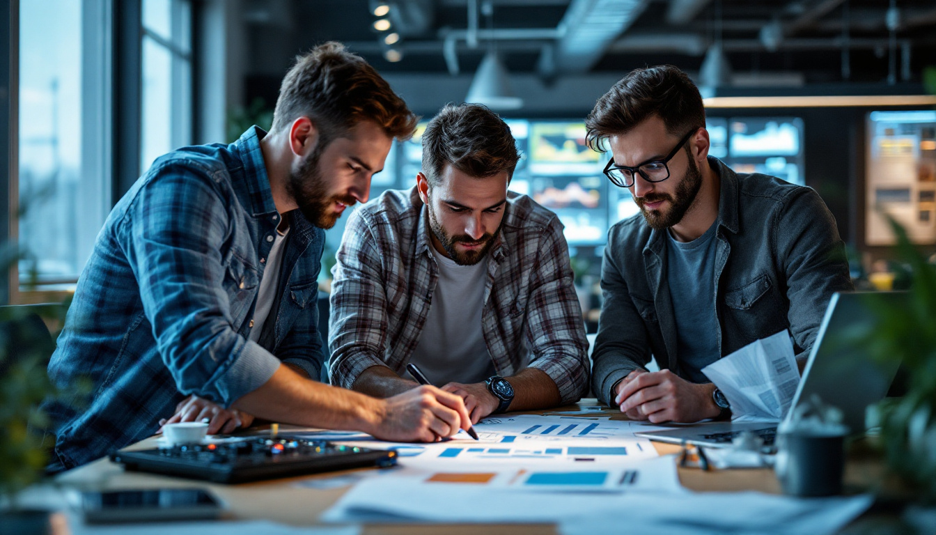 A photograph of a dynamic team of electrical engineers collaborating on a project in a modern office setting
