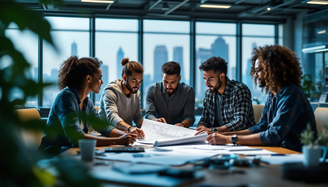 A photograph of a diverse group of electrical engineers collaborating on a project in a modern office setting