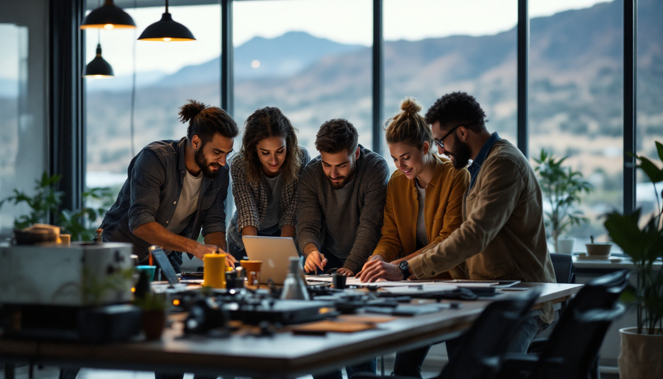 A photograph of a diverse group of electrical engineers collaborating on a project in a modern office setting