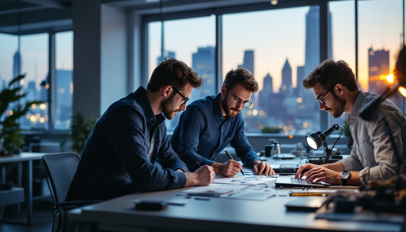 A photograph of a dynamic team of electrical engineers collaborating on a project in a modern office setting
