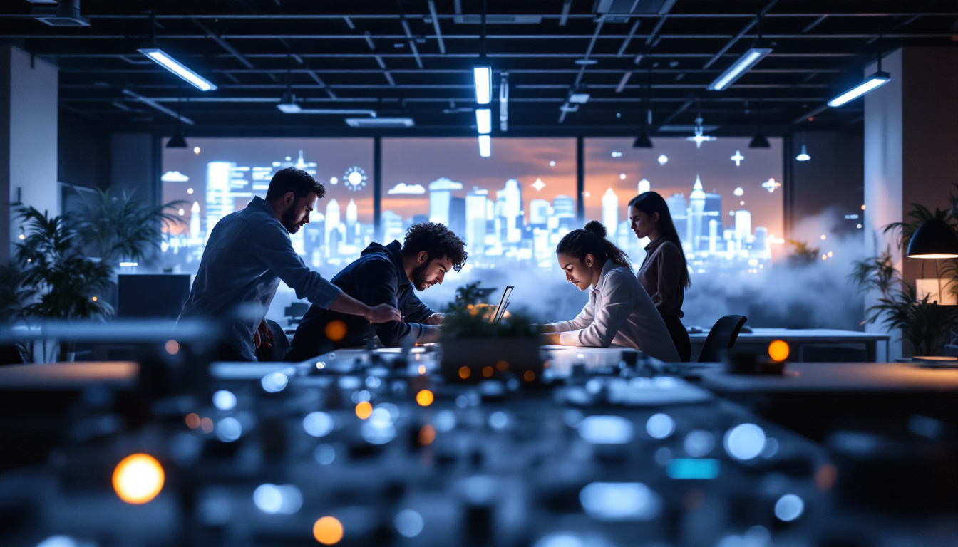 A photograph of a diverse group of electrical engineers collaborating in a modern office environment
