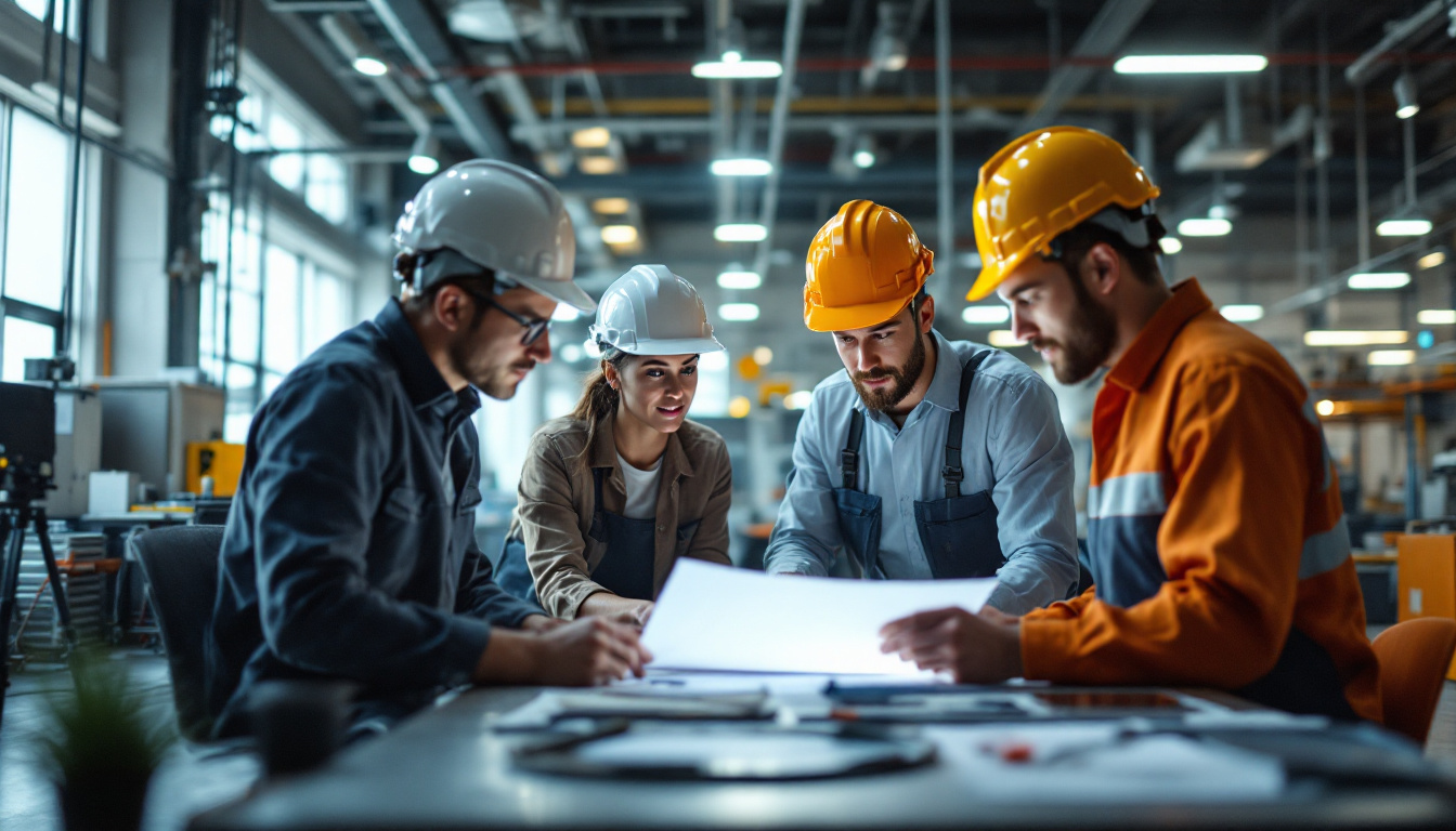 A photograph of a diverse group of power engineers collaborating on a project in a modern facility