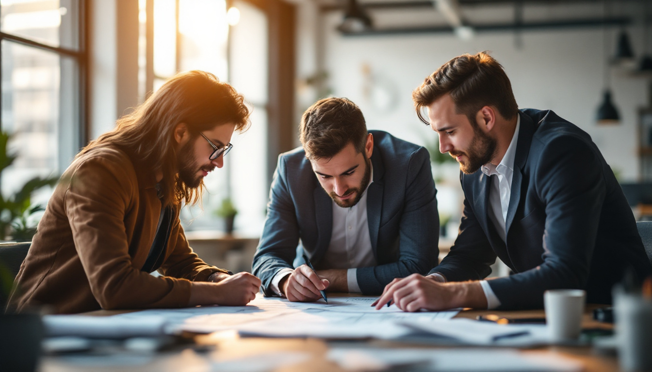 A photograph of a dynamic team of electrical engineers collaborating in a modern office setting