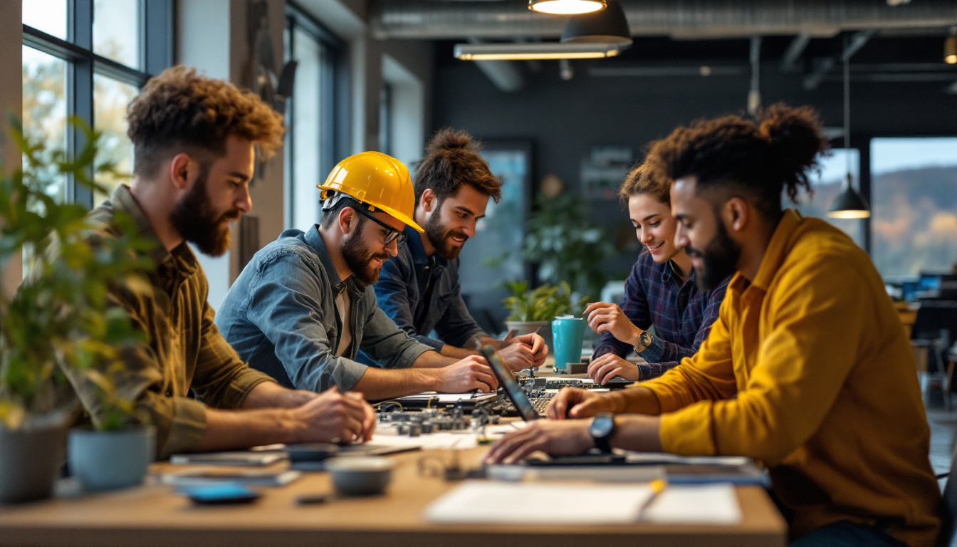 A photograph of a diverse group of electrical engineers collaborating on a project in a modern office setting