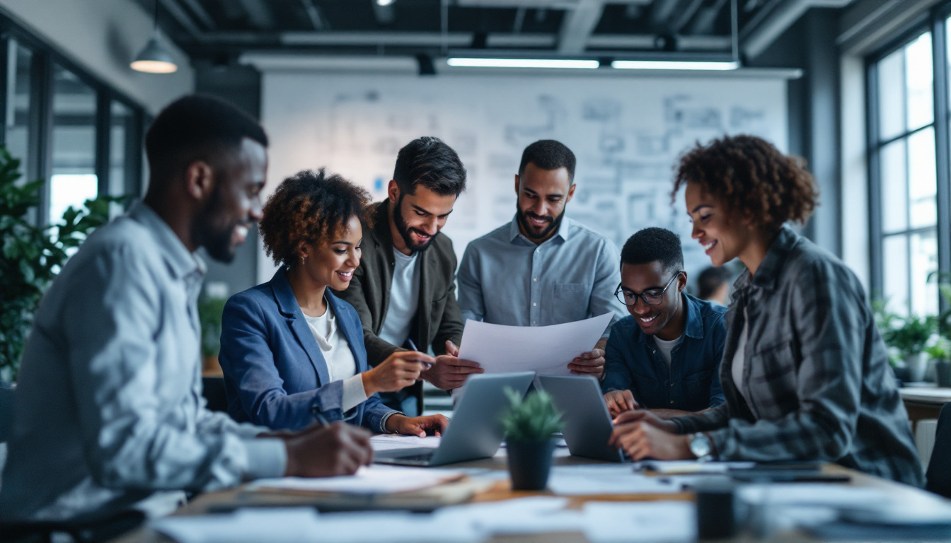 A photograph of a dynamic team of electrical engineers collaborating on a project in a modern office setting