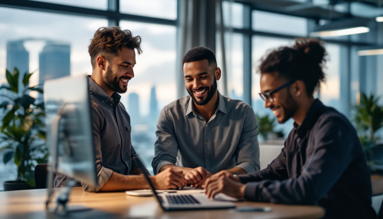 A photograph of a diverse group of electrical engineers collaborating in a modern office setting