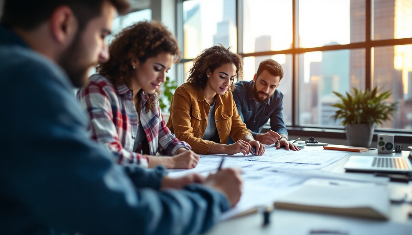 A photograph of a diverse group of electrical engineers collaborating on a project in a modern office setting
